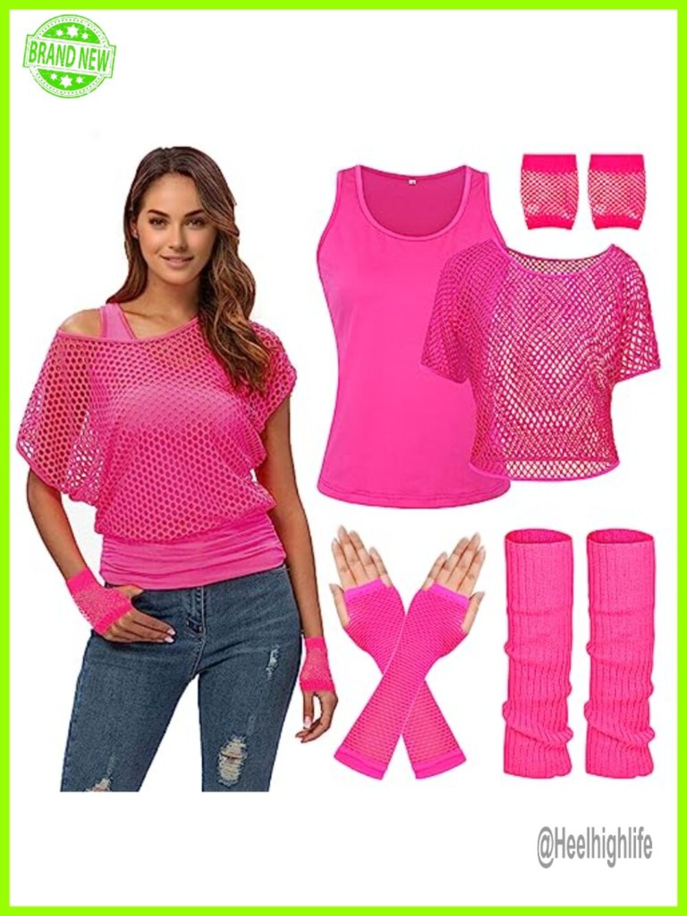 80s Neon Fishnet Off Shoulder Crop Top Set with Gloves & Leg Warmers